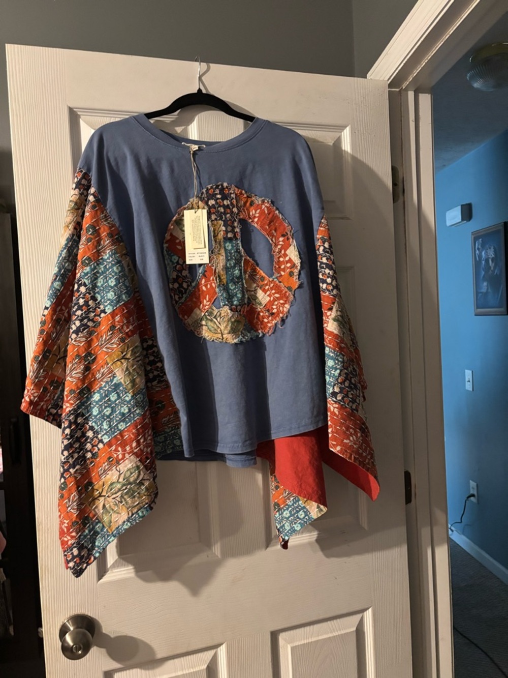 BlueVelvet Peace Sign Boho Top with Patchwork Sleeves